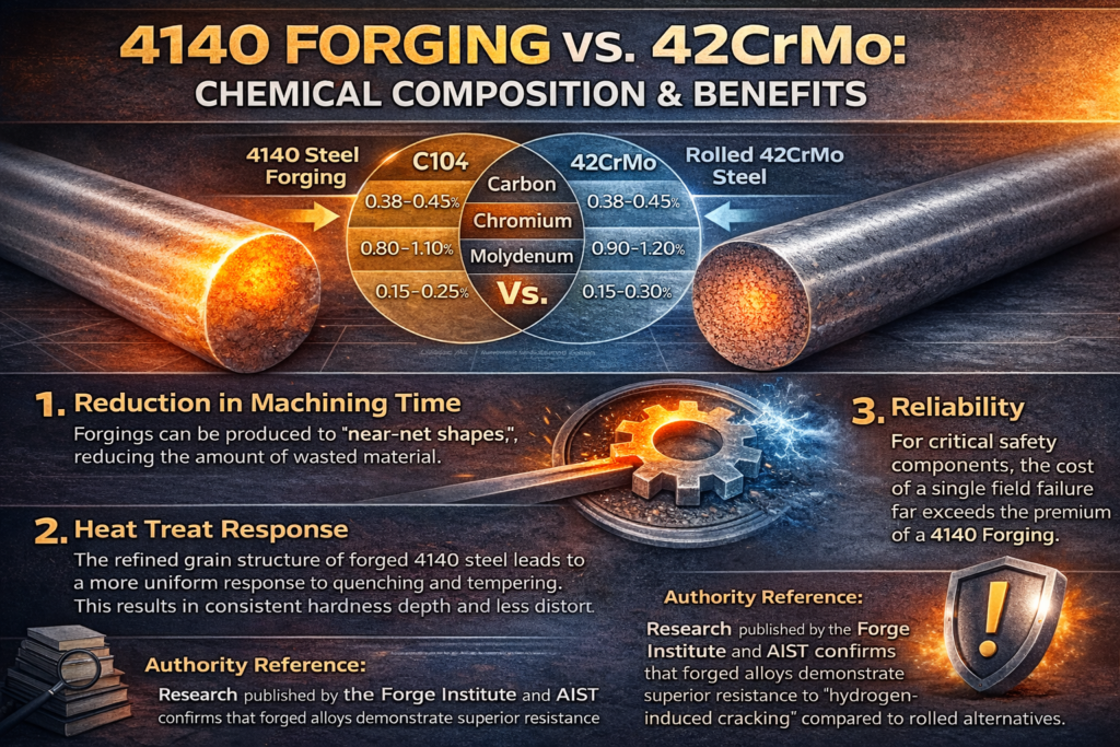 4140 forging advantages over rolled 42CrMo steel including reduced machining time, uniform heat treatment response and higher reliability