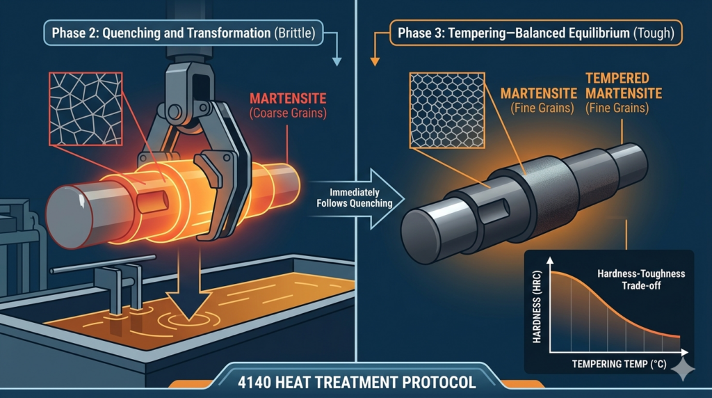 A technical diagram illustrating the 4140 heat treatment protocol for forged alloy steel, comparing the microstructures of coarse grains in brittle martensite after quenching and fine grains in tough tempered martensite after tempering. Includes a hardness-toughness trade-off curve.