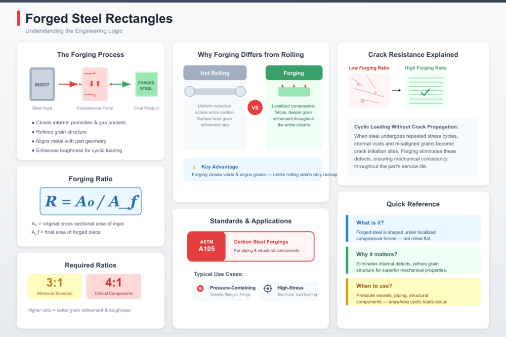 Infographic explaining the engineering logic behind forged steel rectangles, including forging ratio formula R = A₀/A_f, comparison between forging and hot rolling processes, ASTM A105 standard requirements, and grain structure differences affecting crack resistance.