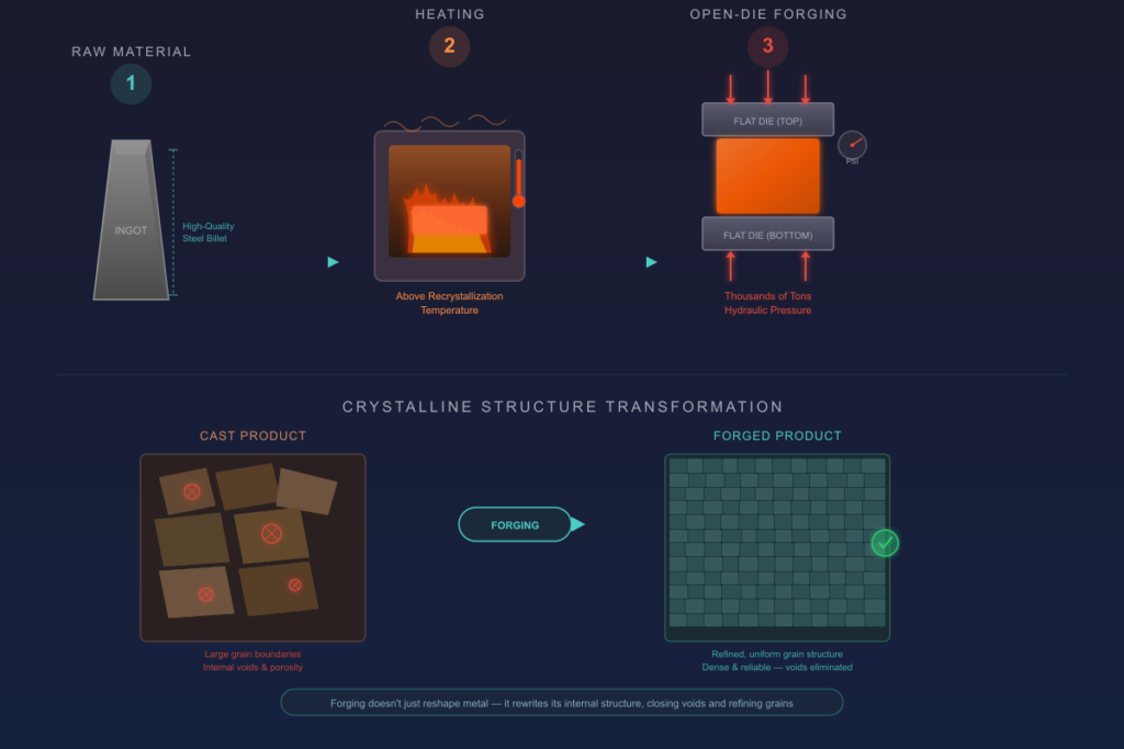 Infographic showing the forging process of steel from raw ingot to finished product, illustrating how open-die forging refines crystalline structure and eliminates internal voids compared to casting
