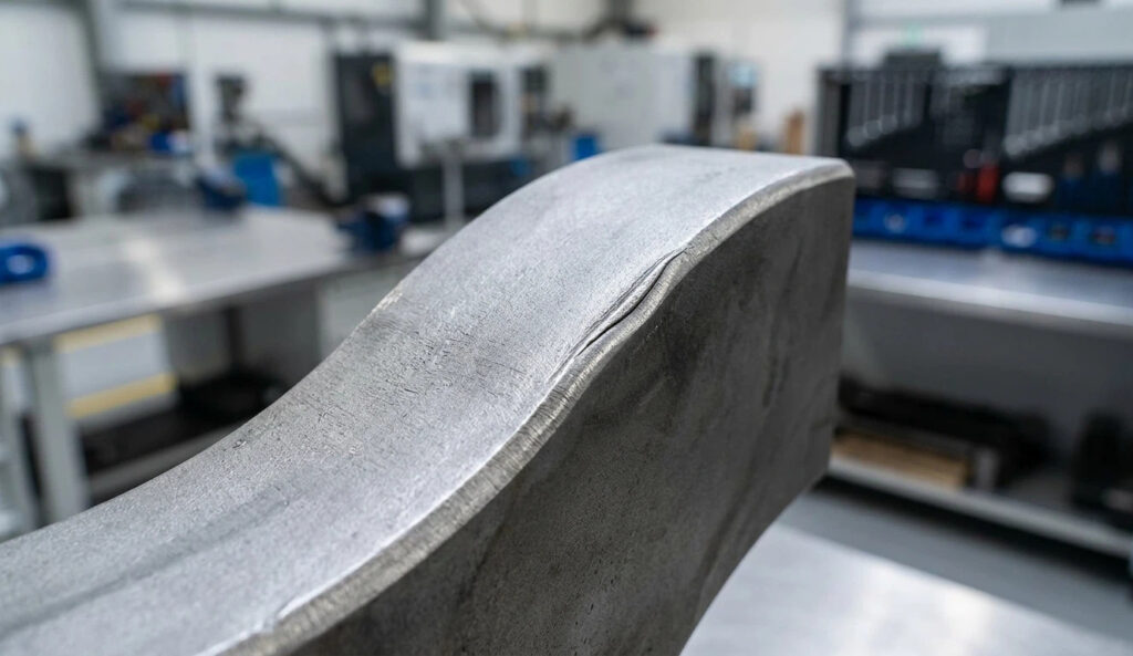 A close-up of a high-strength steel forging showing a surface lap defect on a curved edge, identified during a professional quality control inspection.