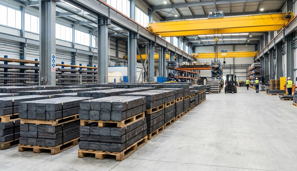 A large inventory of forged steel rectangles organized in a professional industrial warehouse with overhead crane facilities for bulk distribution.
