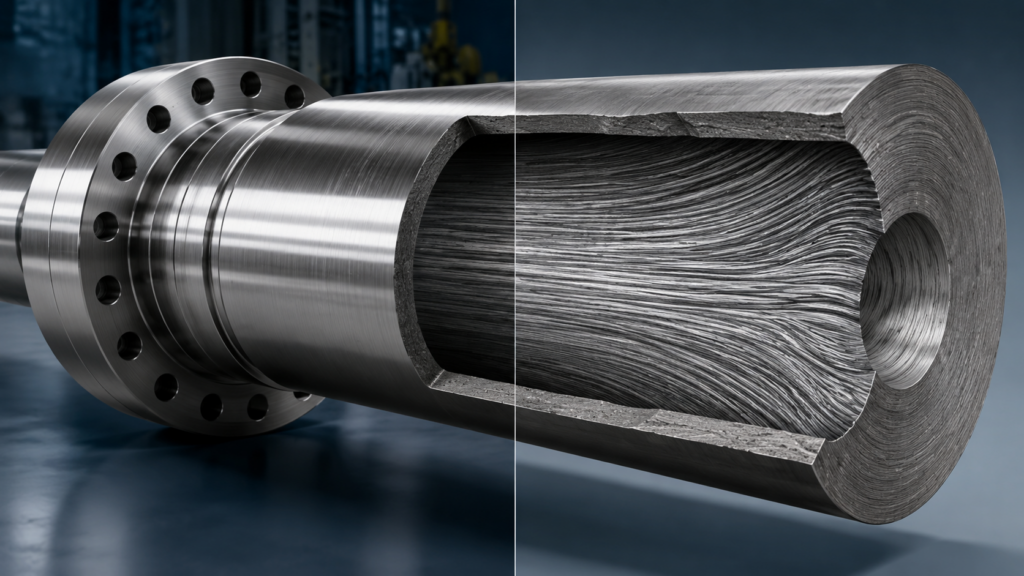 Cross-section view showing forged steel grain flow inside a wind turbine main shaft