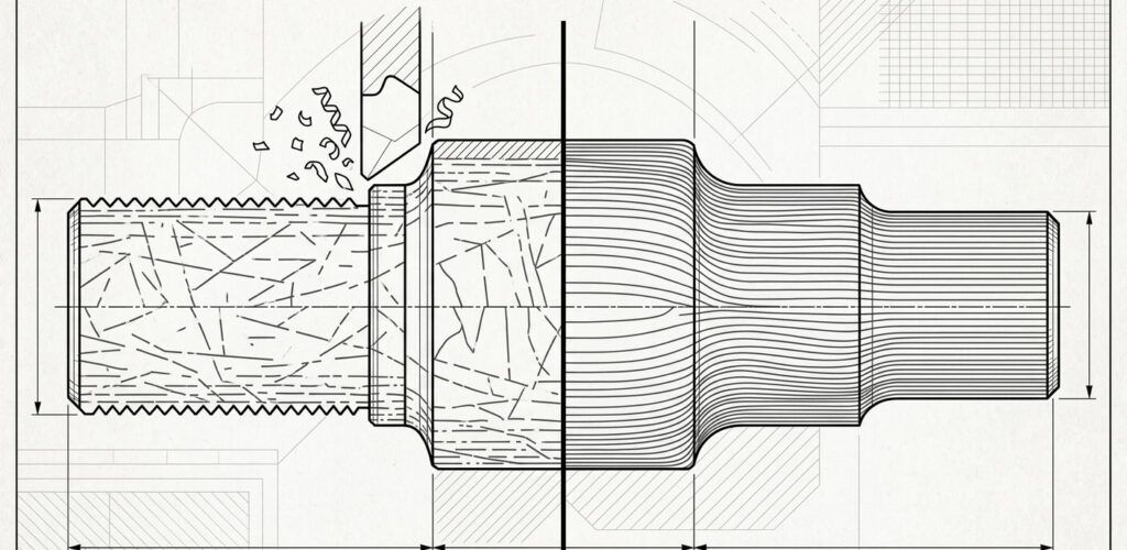 Engineering diagram comparing metallurgical grain flow: machined steel shaft with interrupted grain lines versus forged steel shaft with continuous grain flow contours for high-torque applications.