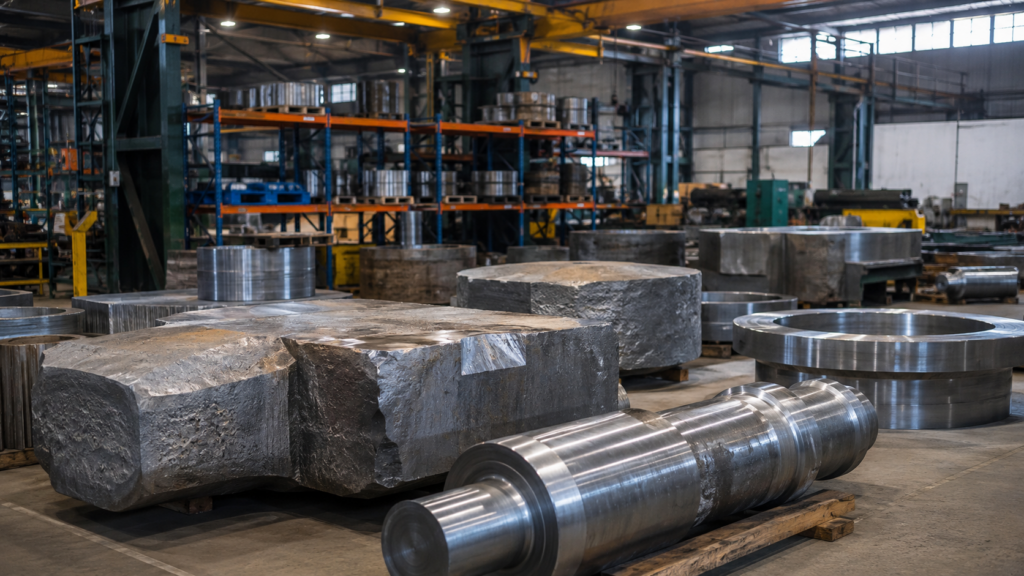 Open die forged blocks shafts and rings in a heavy steel forging warehouse