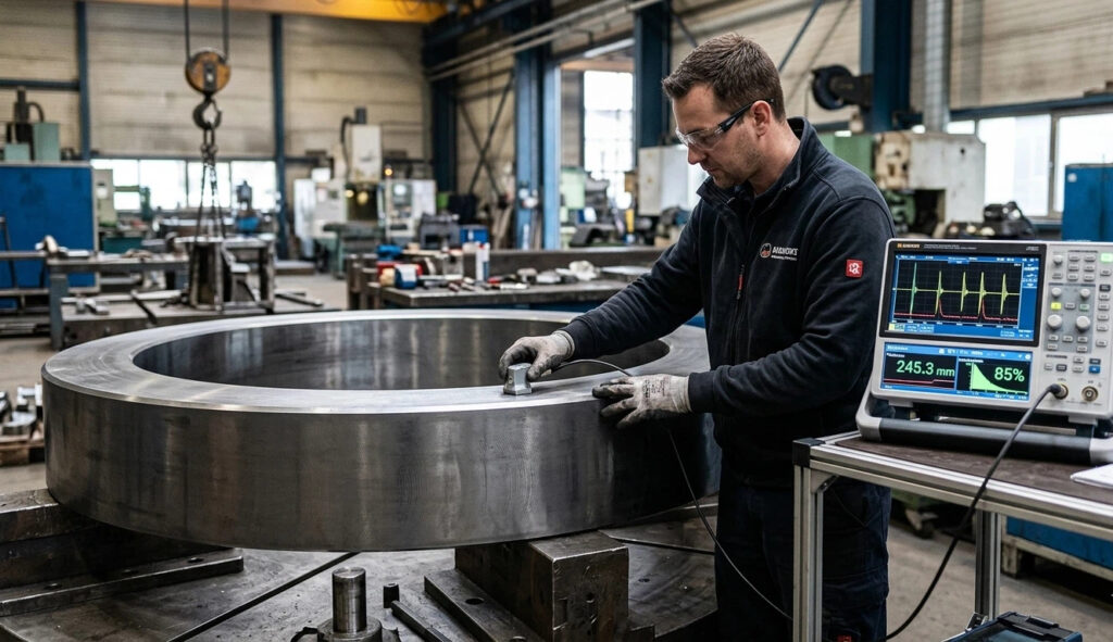 Quality inspector performing ultrasonic non-destructive testing (NDT) on a heavy-duty custom forged steel ring, following EN 10228-3 quality standards.