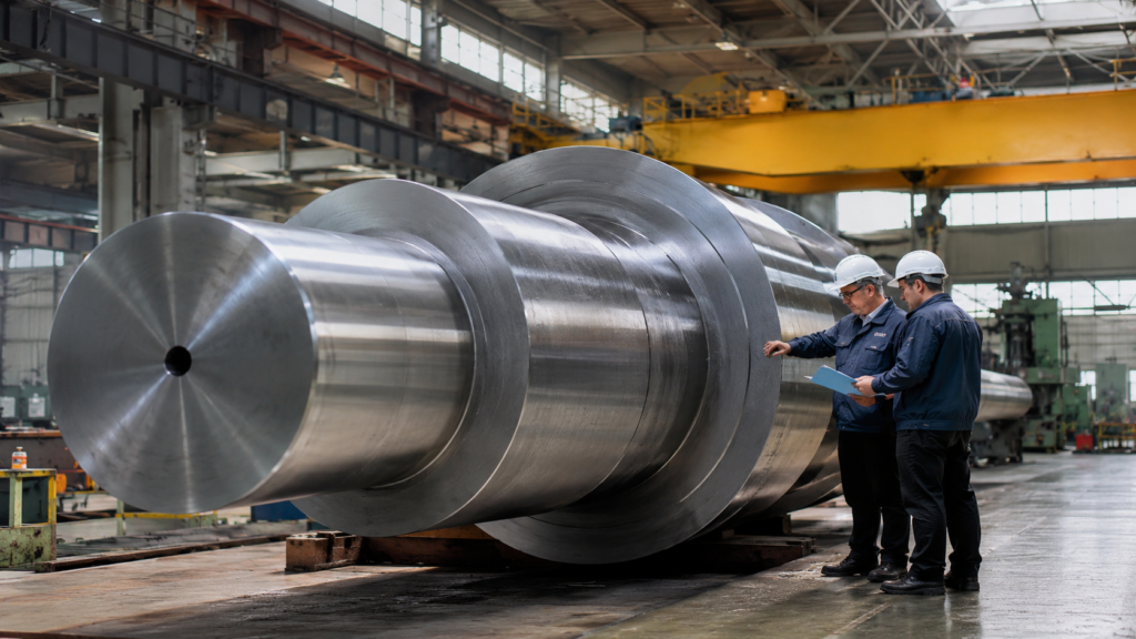Engineers inspecting a large forged wind turbine main shaft inside a heavy forging workshop