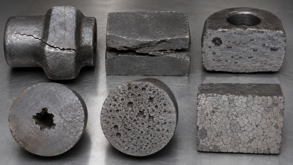 Common forging defects in steel forgings showing surface cracks, forging laps, inclusions, internal voids, porosity, and overheated grain structure