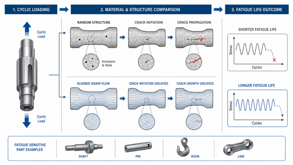 Forged steel parts fatigue resistance diagram showing cyclic loading, aligned grain flow, delayed crack initiation, delayed crack growth, and longer fatigue life