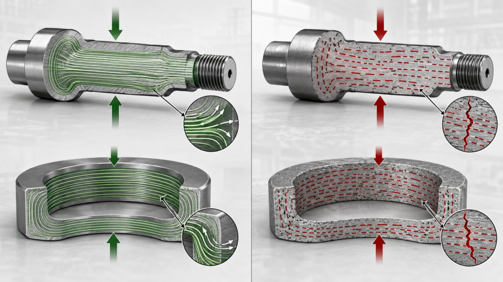 Forged steel parts grain flow comparison showing aligned grain flow in shaft and ring components versus interrupted grain flow with fatigue crack paths