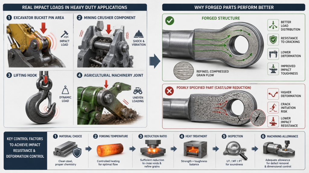 Forged steel parts improving impact resistance and deformation control in heavy duty machinery applications
