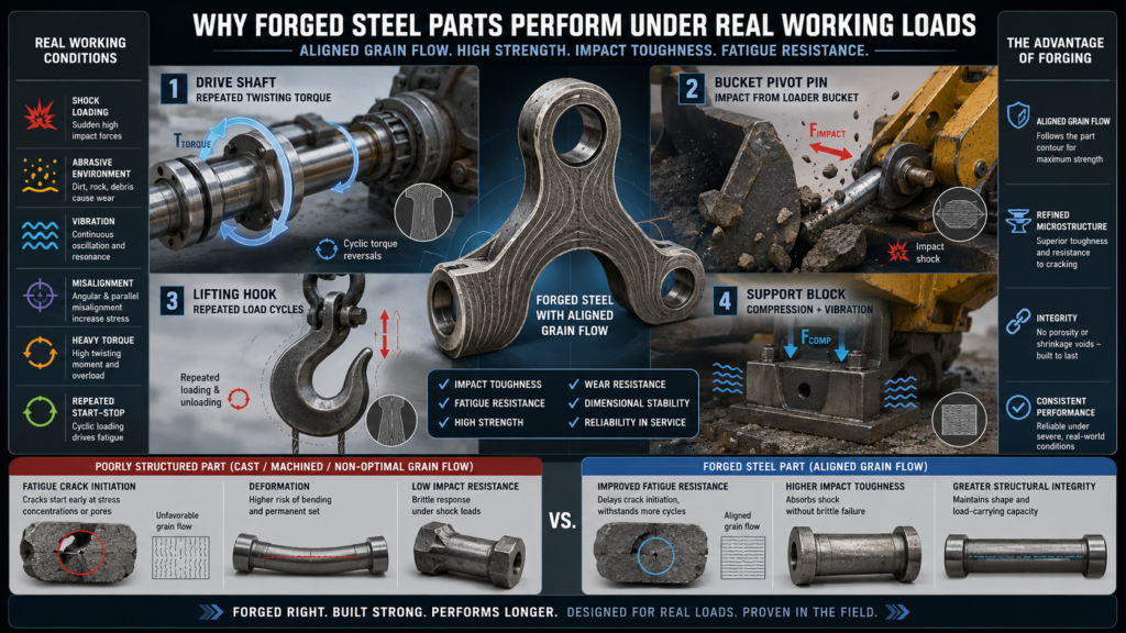 Forged steel parts under real working loads showing drive shaft torque, bucket pin impact, lifting hook load cycles, support block vibration, and aligned grain flow