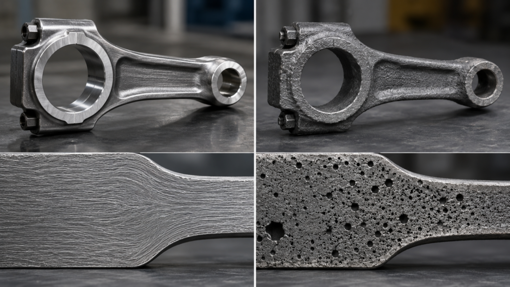Forged steel parts vs cast steel parts comparison showing directional grain flow and dense forged structure beside cast steel with porosity and less controlled internal structure