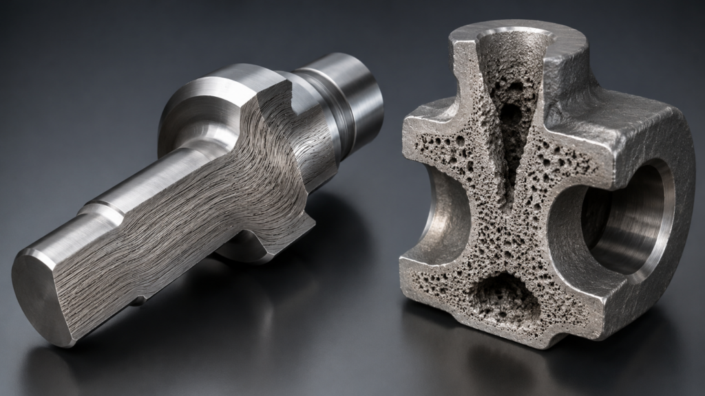 Forged steel parts vs cast steel parts showing continuous grain flow and casting porosity in a technical cutaway view
