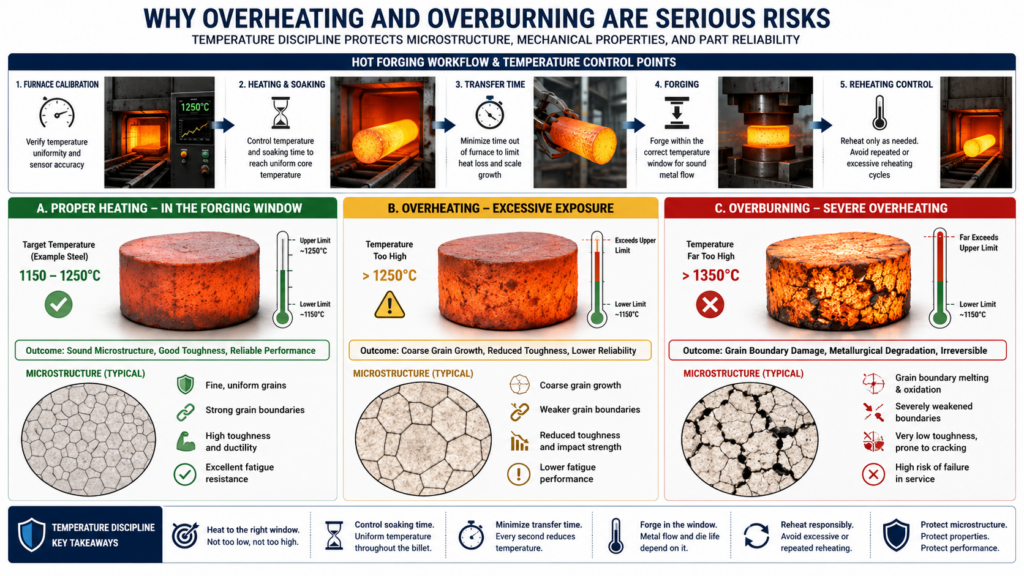 Forging overheating and overburning principle diagram showing proper heating window, coarse grain growth, grain boundary damage, and temperature control points