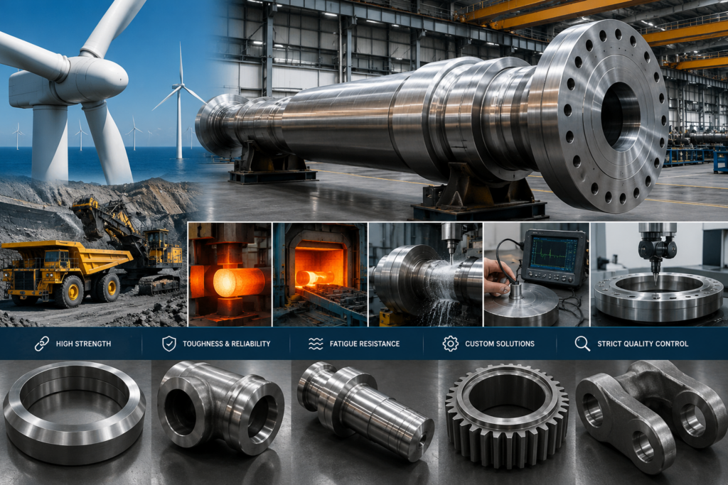 High-strength industrial forgings for energy and heavy machinery, including wind turbine shaft forging, mining equipment, forged rings, forged shafts, forged gears, machining, and quality inspection