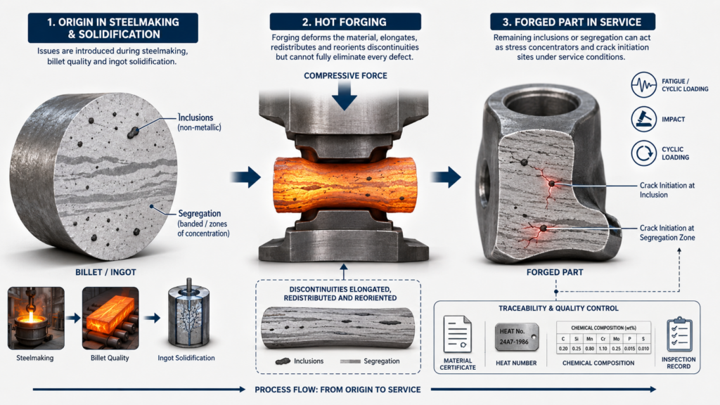 Principle diagram showing how inclusions and segregation originate from steelmaking and billet quality, change during hot forging, and affect forged parts in service