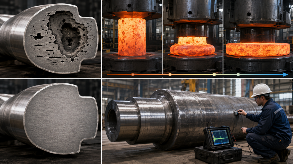 Internal forging defects comparison showing voids and porosity before forging, improved internal soundness after deformation, and ultrasonic testing on a large forged shaft
